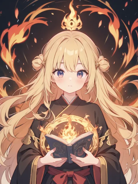 highest quality、absurd、from bestiary＿style、magical girl、black robe、long wavy blonde hair、flames swirl around the wizard、perfect ...