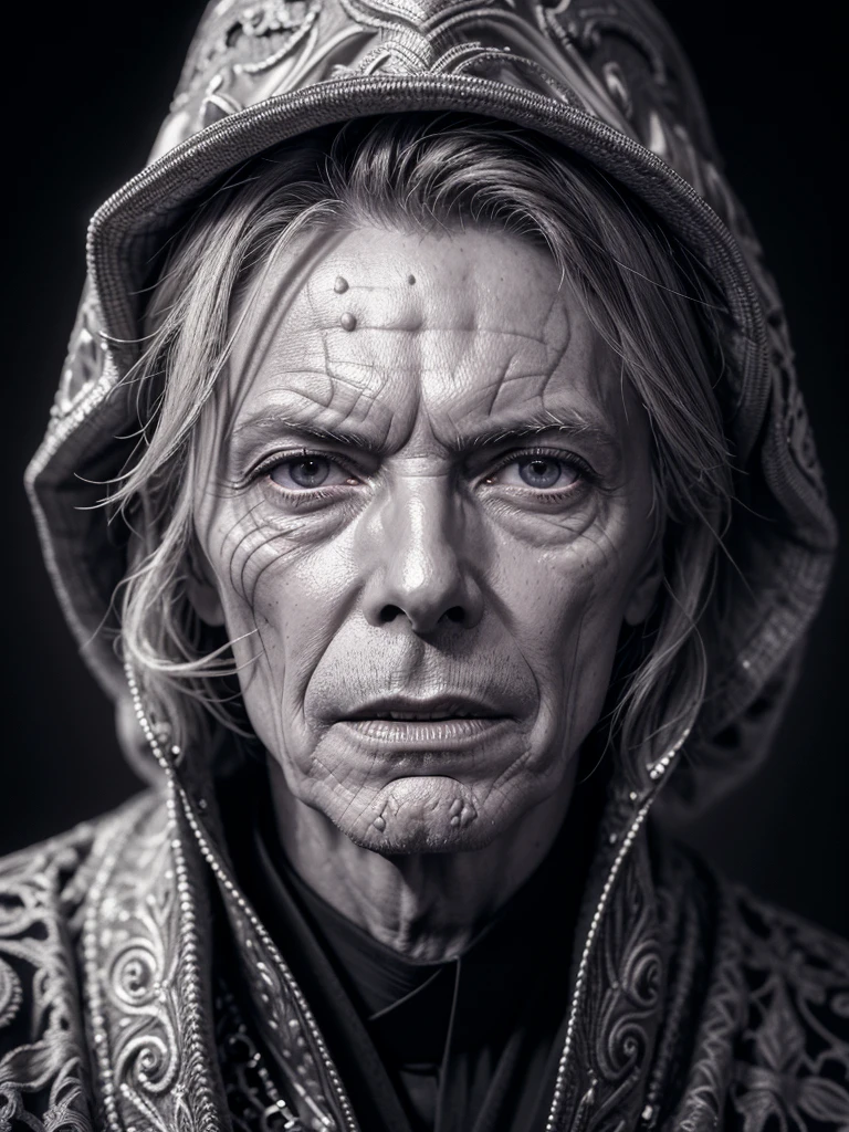 a very old and thin catholic priest, david bowie, detailed portrait, extremely detailed face and eyes, beautiful detailed wrinkles, ornate robes, intricate patterns, dramatic lighting, chiaroscuro, moody atmosphere, cinematic, dramatic shadows, high contrast, dark colors, muted tones, photorealistic, 8k, high resolution, masterpiece