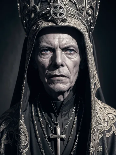 a very old and thin catholic priest, david bowie, detailed portrait, extremely detailed face and eyes, beautiful detailed wrinkl...