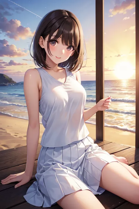 anegasaki nene、Shiny brown hair, short hair, (Beautiful brown eyes、Sparkling eyes, Fine grain)、smile、Ultra-detailed eyes、Highly detailed face, Highly detailed eyes,Cowboy Shot、


Highest quality,  blue sky, Calm sea, Sandy Beach, sunset, sunset, Enoshima, seabird, Small face, Very delicate facial expressions, Delicate eye depiction, Very fine hair, Upper body close-up, erotic, The only sexy Japanese woman, Healthy body shape, 2. Women, student,  Large, firm, swaying bust, Sexy long legs, Glowing Skin, Soft Skin, Sleeveless white T-shirt, Brown long skirt, barefoot, Are standing, Kiss the camera