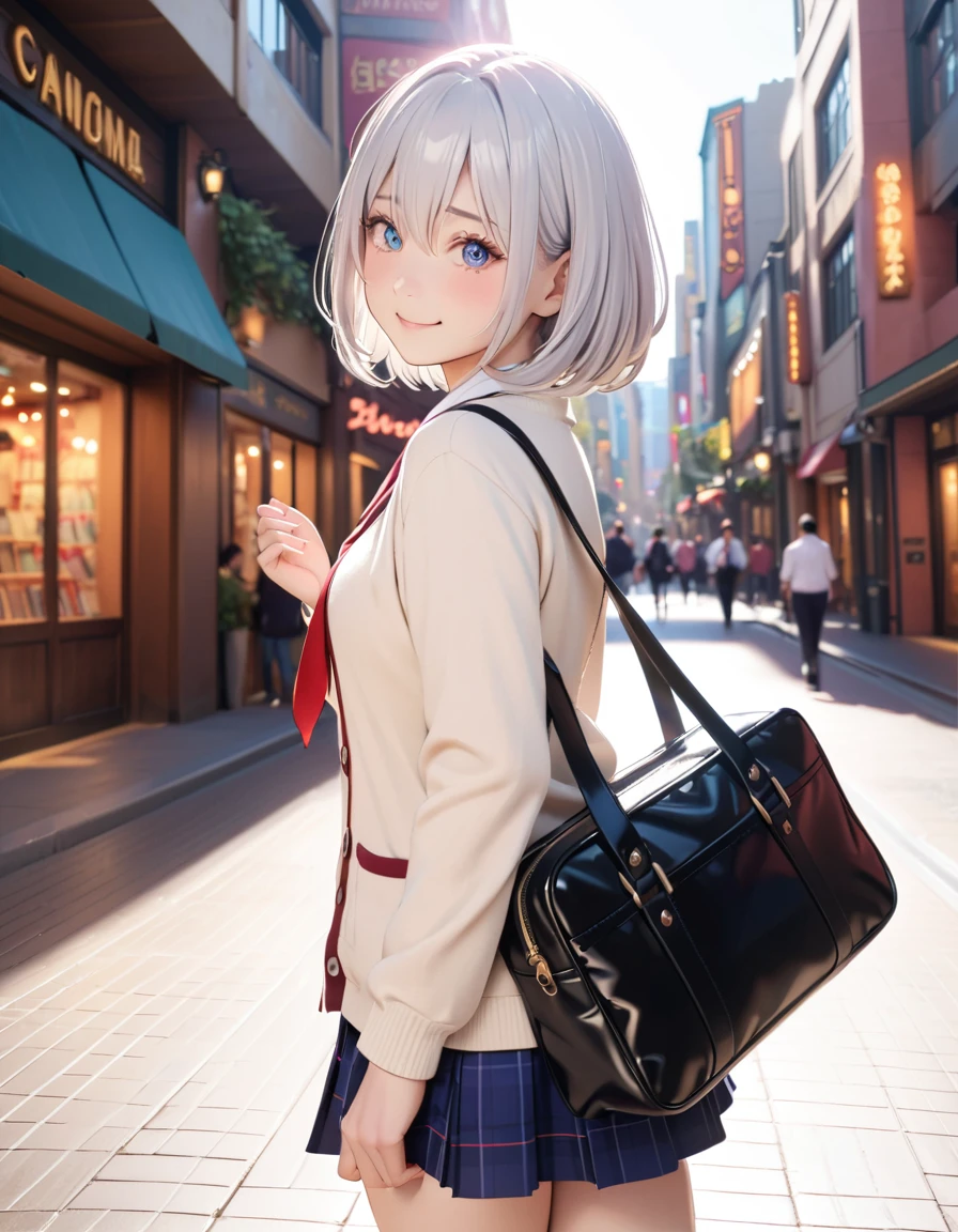 masterpiece, glowing particles, ambient lights, cute, 8K, hdr, high details, perfect lighting, perfect anatomy, BREAK (shiny silver hair:1.2), (bob cut, bang between eyes, beautiful hair), (glossy silver eyes:1.5), (beautiful eyes, twinkle eyes, large eyes), (athlete body, large breasts), cute face, beautiful face, pretty face, beautiful, best quality, good anatomy, long eyelashes, expressive eyes, Perfect Hands, perfecteyes, BREAK morning, high school uniform, beige cardigan, city walk, holding school bag, (walking), looking back, close left eye, embarrassed, happy, laugh,