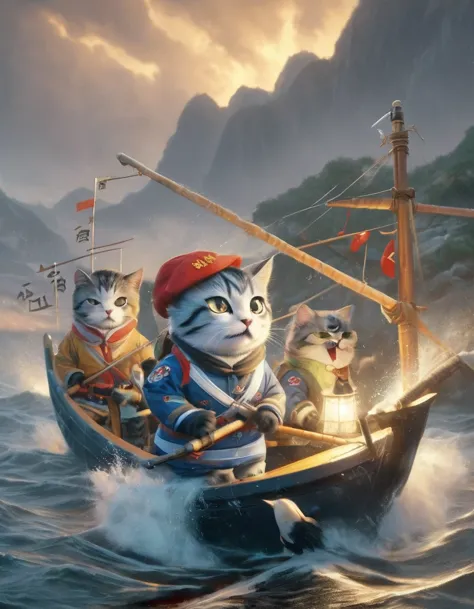 chinese cat soldiers are sailing in bad weather and they are struggling. ,open mouth,shout