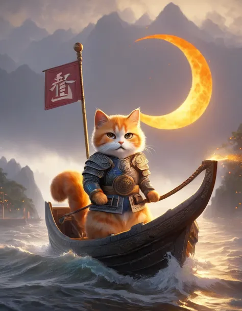 chinese cat soldiers are sailing in bad weather and they are struggling. ,open mouth,shout,three kingdoms orange cat