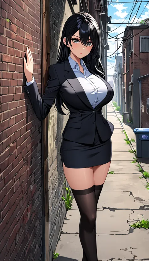 highest quality、one woman, age 26、policewoman、black hair、long hair、hanging eyes、dark eyes、black clothing、big breasts、suit、pencil...