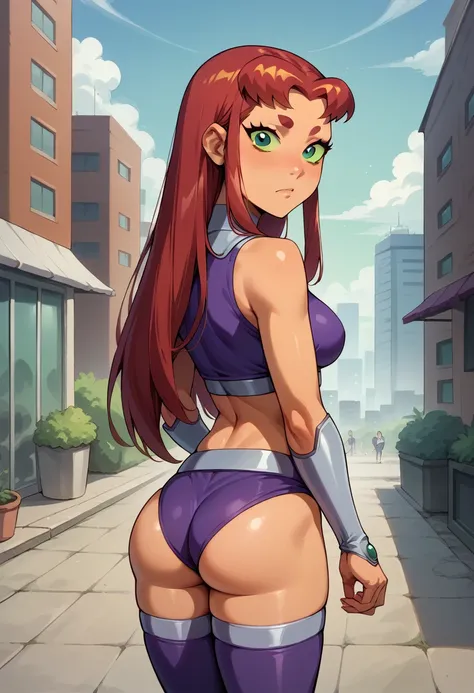 score_9, score_8_up, score_7_up, break, score_9, 1girl, starfire, red hair, purple miniskirt, long hair, green eyes, green scler...