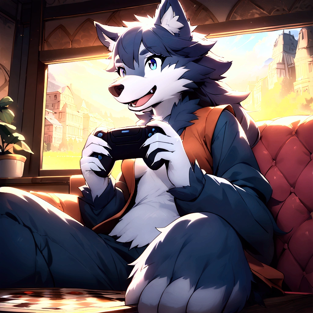 Wolf furry man,playing video game,site in the sofa,The game board in her hand