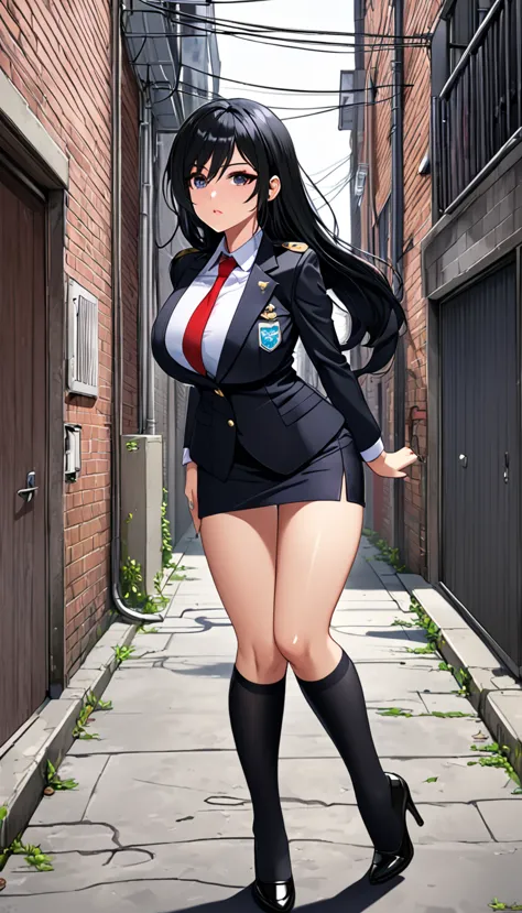 highest quality、one woman, age 26、policewoman、black hair、long hair、hanging eyes、dark eyes、black clothing、big breasts、suit、micro ...