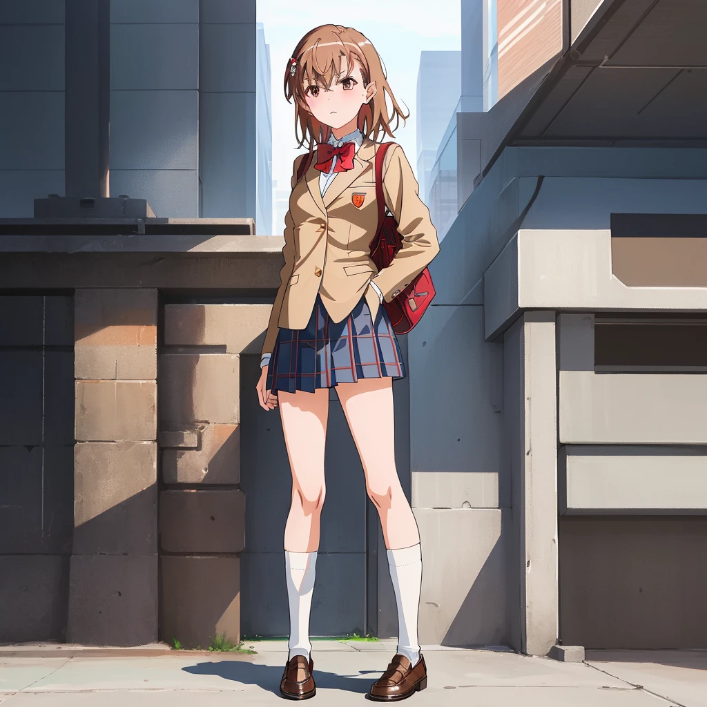 ((Best Quality)), ((masterpiece)), (detailed), 1girl, solo, perfect face, beautiful face, detailed face, perfect eyes, perfect hair, detailed hair, Misaka_mikoto, bowtie, brown jacket, red bow, red bowtie,blazer, bow, ， skirt, pleated skirt, shorts, grey skirt, socks,shoes, loose socks, shorts under skirt, loafers, brown footwear, black skirt, short shorts, blue plaid skirt with criss-cross lines in black and tan, pleated skirt with black pleats and school style, small breasts, flat breasts, show face, focus face, face-to-face, facial zoom, noise reduction, clarity and sharpness, Brown eyes, extremely detailed hair