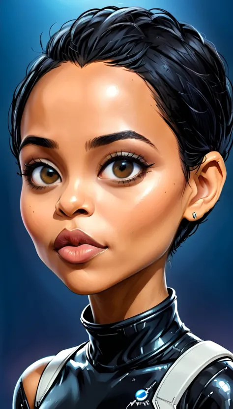 a close up of a woman with a short black hair, zoë kravitz, prominent cheekbones, zoe kravitz as an astronaut, zoe kravitz futur...