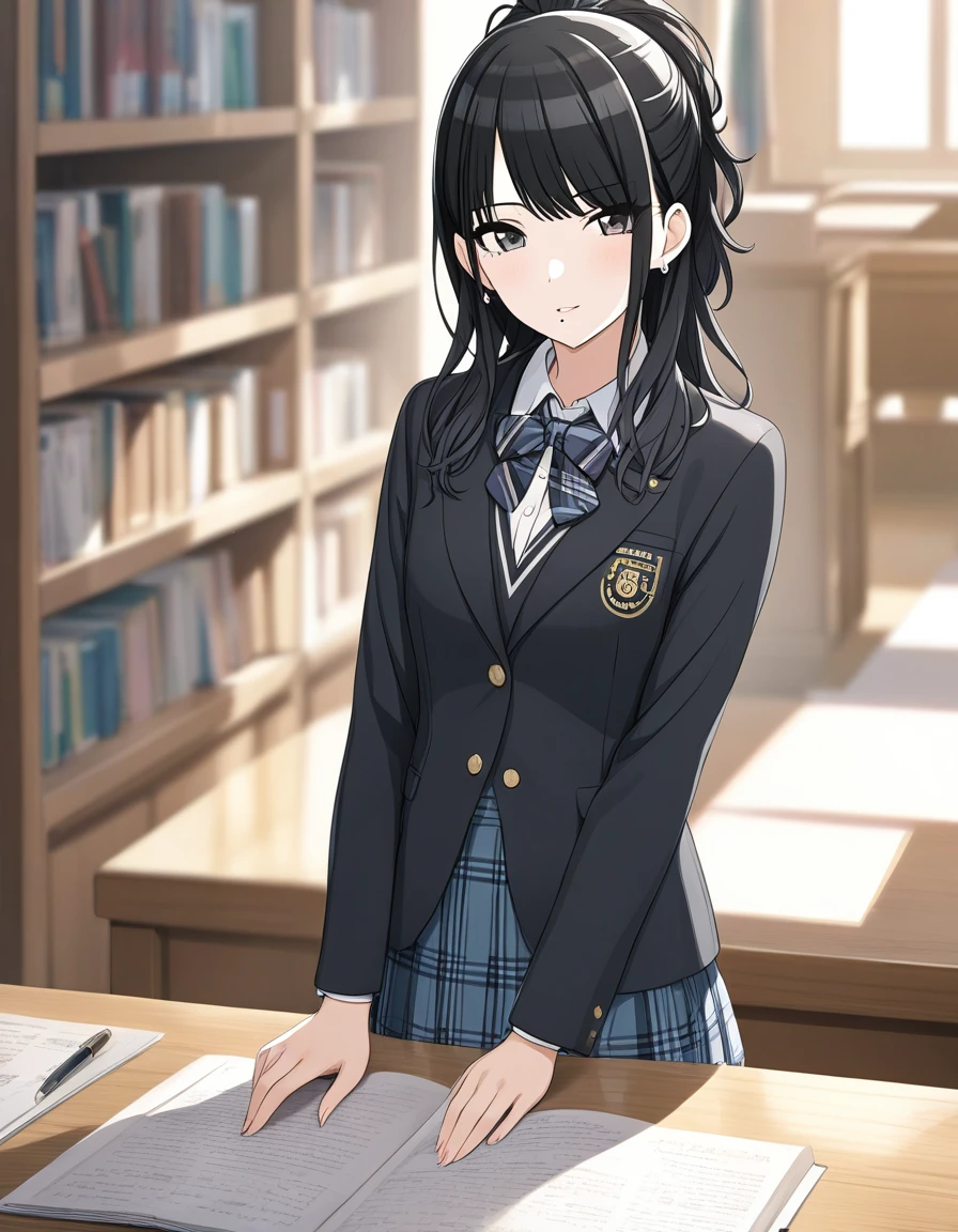 (masterpiece),(Highest quality),(Very detailed),(Best illustrations),(Best Shadow),(disorganized),(Detailed Background),(so beautiful), 
Official Style,
(hiori kazano:1.5), ponytail, black hair, black eyes,
(The Idolmaster Shiny Colors:1.2),

school uniform,
Glasses,
Glassesに触れる,
(There is a mole under the lip:1.2),
alone,
Library,
Background Blur, 
focus on face,
Close-up, 