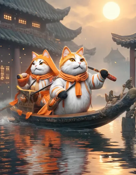 chinese cat soldiers are sailing in bad weather and they are struggling. ,open mouth,shout,three kingdoms orange cat