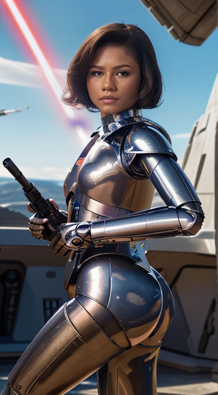 Foto hiperrealista en primer plano de and Lucy Liu, ass to the camera ((2 women)), fully nude, (anegasaki nene、Shiny brown hair, short hair, (Beautiful brown eyes、with high definition images，A beautiful woman holding a gun in front of a spaceship、The ruined empire in the background、Official character art、Facial details、Robot Girls inspired by Sgt. Johnson、Heavenly planets in the background、Star Wars promotional image、