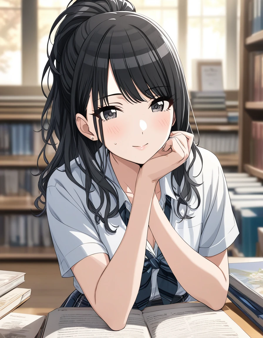 (masterpiece),(Highest quality),(Very detailed),(Best illustrations),(Best Shadow),(disorganized),(Detailed Background),(so beautiful), 
Official Style,
(hiori kazano:1.5), ponytail, black hair, black eyes,
(The Idolmaster Shiny Colors:1.2),

school uniform,
Glasses,
Glassesに触れる,
(There is a mole under the lip:1.2),
alone,
Library,
Background Blur, 
(realistic skin:0.2)
focus on face,
Close-up, 