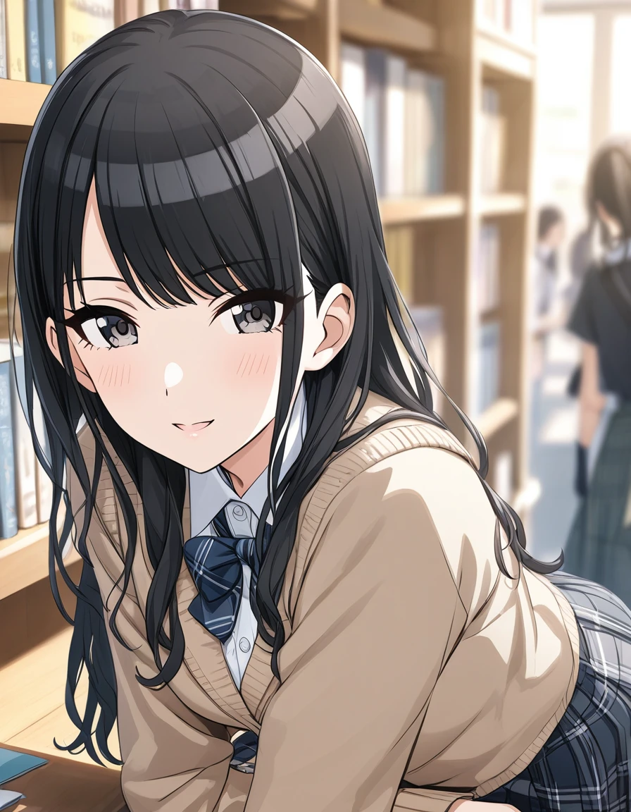 (masterpiece),(Highest quality),(Very detailed),(Best illustrations),(Best Shadow),(disorganized),(Detailed Background),(so beautiful), 
Official Style,
(hiori kazano:1.5), ponytail, black hair, black eyes,
(The Idolmaster Shiny Colors:1.2),

school uniform,
Glasses,
Glassesに触れる,
(There is a mole under the lip:1.2),
alone,
Library,
Background Blur, 
(realistic skin:0.2)
focus on face,
Close-up, 