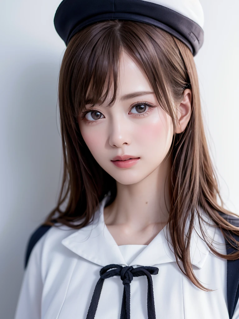 (Highest quality、8k、32K、masterpiece)、(RAW Photos)、(Realisticな)、(Realistic:1.2)、(High resolution)、Very detailedな、Very beautiful face and eyes、One Girl、Round and small face、whole body、big breasts and small waist、Delicate body、(close、Highest quality、Attention to detail、Rich skin detail、)、(Highest quality、8k、Oil paints:1.2)、Very detailed、(Realistic、Realistic:1.37)、Vibrant colors、(((lol顔)))、(((Light brown hair)))、(((lol)))、(((lol顔です)))、(((Bust Shot)))、(((White Background)))、((Long Hair))、(((Pure white wall background)))、(((Wearing a sailor suit)))、(((Short-sleeved sailor uniform)))、(((Pure white wall background)))、(((Model pose)))、Arms crossed、lolっています