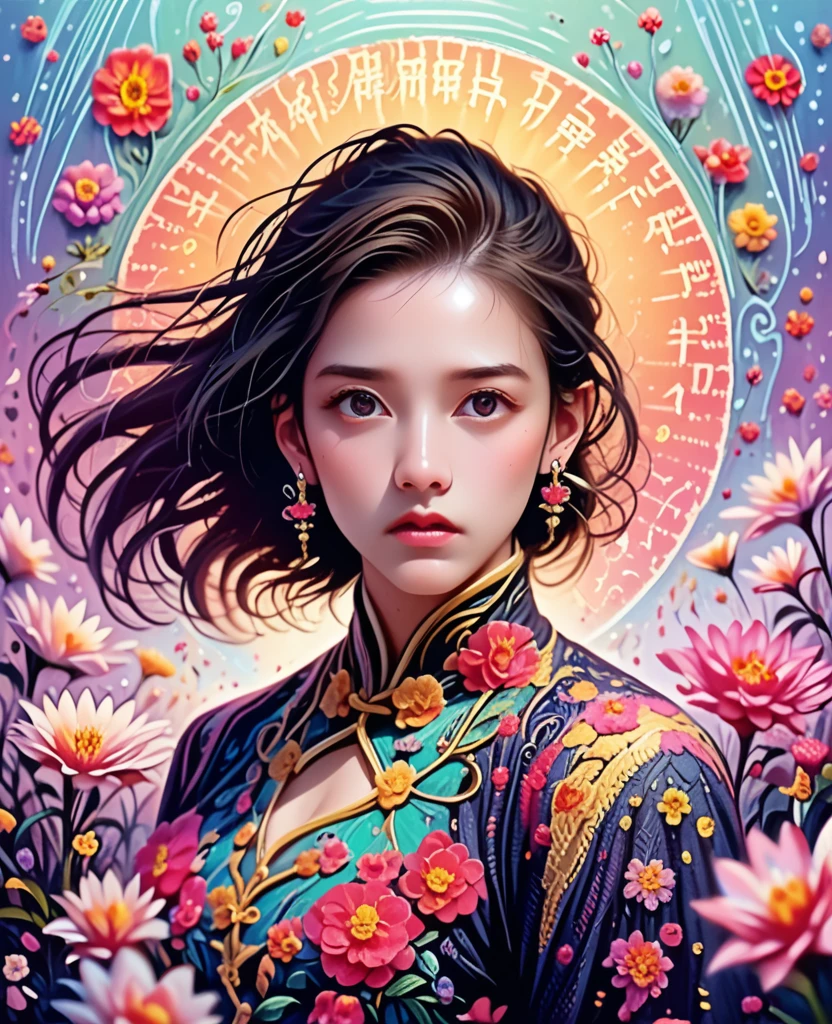 (masterpiece, top quality, Best quality, official art, beautiful and aesthetically pleasing:1.2), (1 girl:1.3), extremely detailed,(fractal art:1.1),(colorful:1.1)(flowers:1.3),as detailed as possible,(confused:1.2), (dynamic pose), (abstract background:1.3), (Chinese Traditional Fabric:1.2), (Shiny skin), (Many colors:1.4), ,(earrings:1.4),