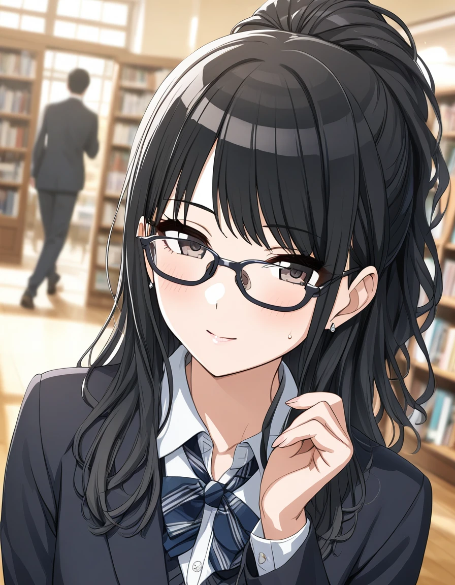 (masterpiece),(Highest quality),(Very detailed),(Best illustrations),(Best Shadow),(disorganized),(Detailed Background),(so beautiful), 
Official Style,
(hiori kazano:1.5), ponytail, black hair, black eyes,
(The Idolmaster Shiny Colors:1.2),

school uniform,
(Glasses:1.5),
Glassesに触れる,
(There is a mole under the lip:1.2),
alone,
Library,
Background Blur, 
(realistic skin:0.2)
focus on face,
Close-up, 