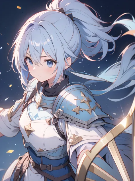 highest quality、absurd、paladin、light blue hair、ponytail、with a big shield