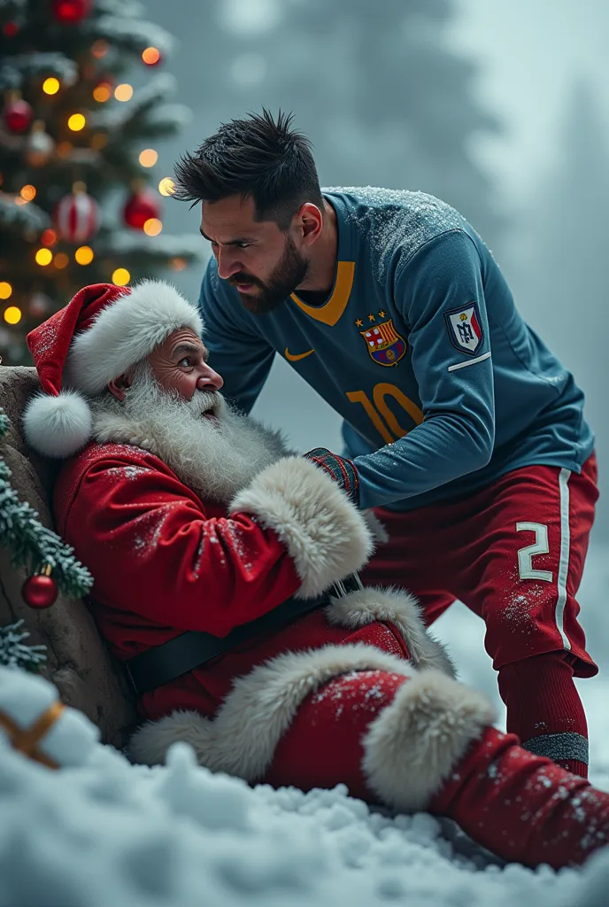 (photorealism:1.2), Messi kidnapping Santa Claus