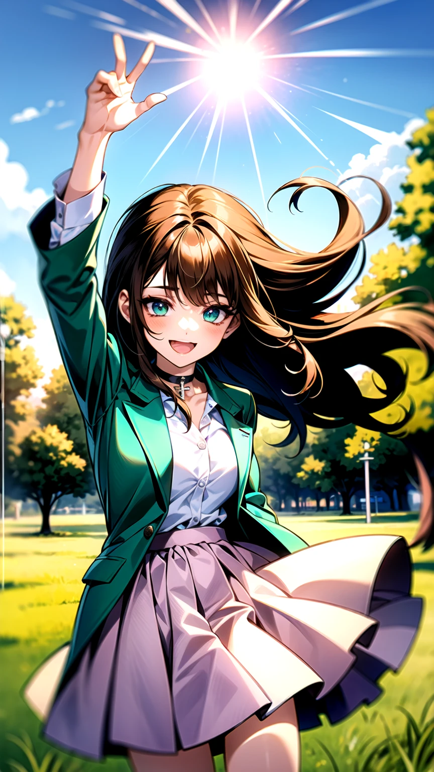 （（super high quality,））（（Ultra-high resolution,））（16K,）（super masterpiece,）（（Ultra HD ,））（Detailed shading,）One high school girl,（（Dark pink long hair,））One long stray hair from the top of the head,Green blazer,（White dress shirt,）（（The third button is undone,））,Brown mini skirt,The wind lifts her skirt and hair,Ecstatic smile,blush,A park where you can see the morning sun and blue sky,A choker with a cross around the neck,