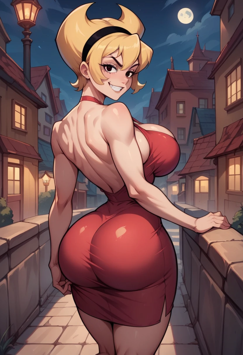 source_anime, best quality, clear face, mandy from The Grim Adventures of Billy & Mandy,  blonde hair, black eyes, Short blonde hair with black headband, large breasts, perfect body, looking at viewer, smile, The Grim Adventures of Billy & Mandy costume, pink mini dress, in the city ​​at night, stanyin, dynamic angle, from behind view, big ass ,seductive anime girl, sfw version. huge breasts