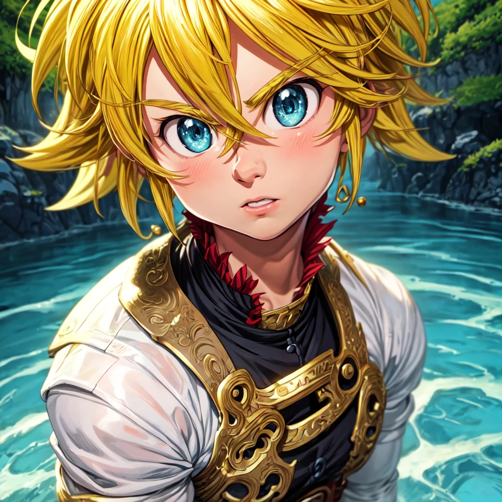 masterpiece, best quality, ultra-detailed, illustration, 1boy, solo, male focus, looking at viewer, upper body, , meliodas_nanatsu_no_taizai, blonde hair, blu eyes, jacketBlue eyes, Blonde Hair, 