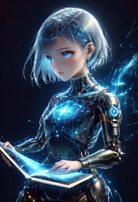 ultra hd8kオクタン. an android girl is reading a book in cyberspace、the girl、from the neck down, everything is made by machines.、美しい...