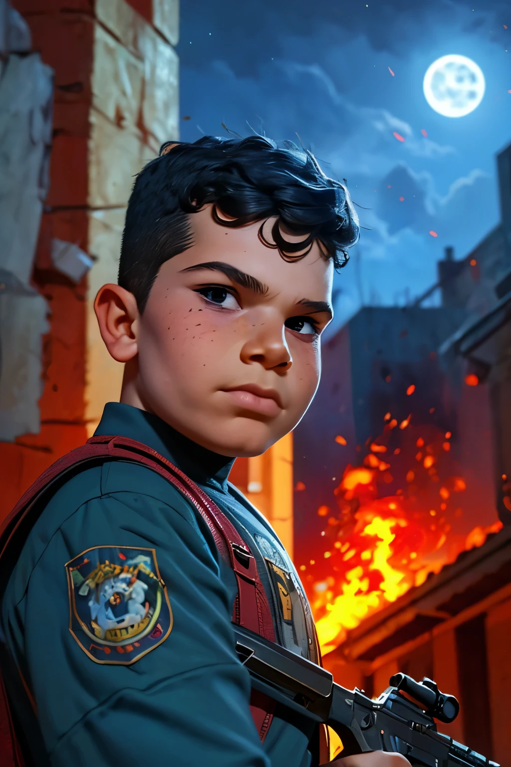 Close-up face, Thoe, (((a young boy, 6yo))), Marvel Comic Panel Drawing: A boy with black eyes, in Dynamic pose, short black hair , over The building under The moonlight, wearing a soldier Call of duty suit in dystopic war city background, holding a AK-47, flames and explosion Background . 