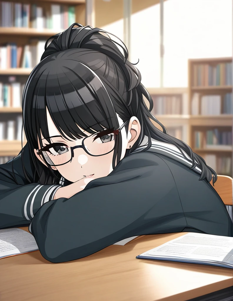 (masterpiece),(Highest quality),(Very detailed),(Best illustrations),(Best Shadow),(disorganized),(Detailed Background),(so beautiful), 
Official Style,
(hiori kazano:1.5), ponytail, black hair, black eyes,
(The Idolmaster Shiny Colors:1.2),

school uniform,
(Glasses:1.5),
Face down on the desk,
sleep,
alone,
Library,
Background Blur, 
(realistic skin:0.2)
focus on face,
close-up,