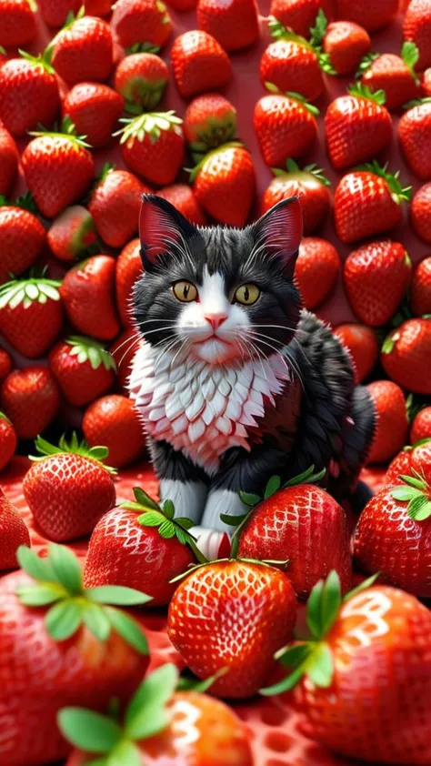 strwbrrxl, multi breed cat, detailed realistic close up of a  colourful strawberry shaped like a cat, sitting, eating strawberry...