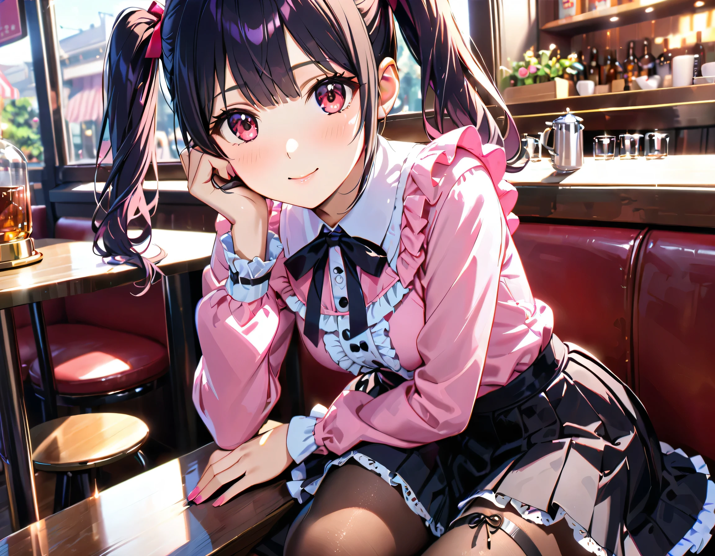 (((blouse pink blouse))), (frilled shirt with black ribbon and lot of frills), (cute lace-up pleated skirt with ruffles:1.2), (lace-up skirt, skirt black skirt:1.2), jirai kei costume, sit down, chin resting on hand, head tilt, anime girl, teen girl, cute, very cute, (hair black hair, fluffy middle twintails:1.2), pantyhose, hyper detail face, Inside the cafe, shallow depth of field, blurry background, boke, cinematic shadows, (((Masterpiece, top quality, Spectacular Quality, Distinguished Quality, ultra detailed, ultra high res, unity 16k, 32k, ultra photo realistic, reality, hyper realistic))), ウルザン-6500-V1.1:0.8,