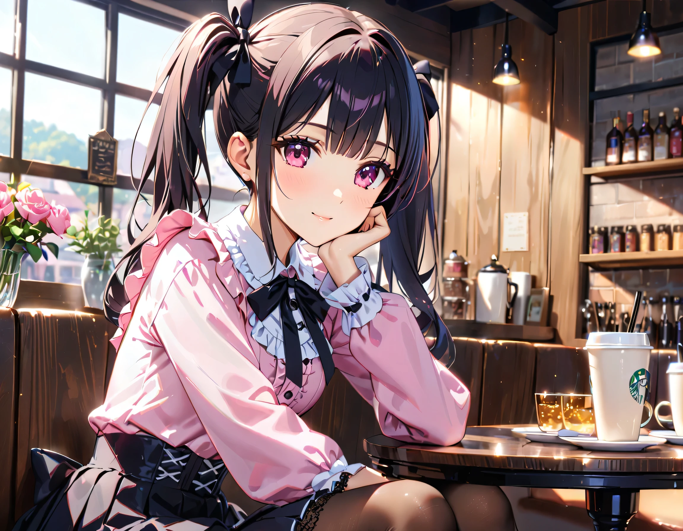 (((blouse pink blouse))), (frilled shirt with black ribbon and lot of frills), (cute lace-up pleated skirt with ruffles:1.2), (lace-up skirt, skirt black skirt:1.2), jirai kei costume, sit down, chin resting on hand, head tilt, anime girl, teen girl, cute, very cute, (hair black hair, fluffy middle twintails:1.2), pantyhose, hyper detail face, Inside the cafe, shallow depth of field, blurry background, boke, cinematic shadows, (((Masterpiece, top quality, Spectacular Quality, Distinguished Quality, ultra detailed, ultra high res, unity 16k, 32k, ultra photo realistic, reality, hyper realistic))), ウルザン-6500-V1.1:0.8,