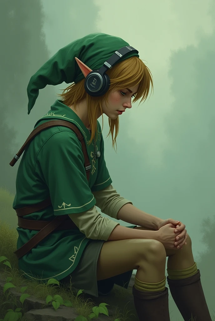 sad link listening to music on headphones 