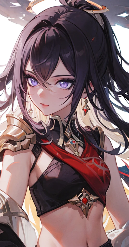 highres, highest quallity, illustration, cinematic light, ultra detailed, detailed face, (detailed eyes), best quality, hyper detailed, masterpiece, 1girl, dehya\(genshin_impact\), (detailed face), white hair, purple eyes, highest details, luminous eyes, black halo, white clothes, backlighting, (midriff:1.4), light rays, (high contrast), (colorful),