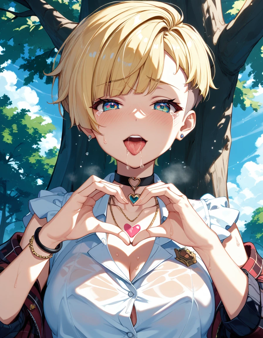 (Highest quality, 4K, 8k, High Resolution masterpiece:1.2), Very detailed, Picturesque, Anime-style photos, Photo Animation:1.37)、a beautiful girl、(blonde Hair)、(pixie cut)、Black choker、pierce、necklace、bracelet、heart hands、bitch、sweat、saliva、steam、crying、pussy juice