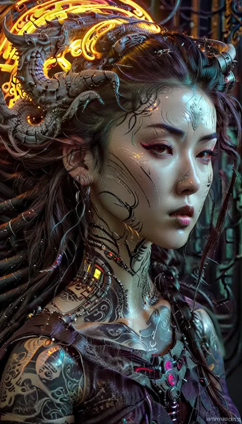 a cyberpunk assassin in a transdimensional dystopian future, a beautiful chinese woman from the tang dynasty, intricate fractal ...