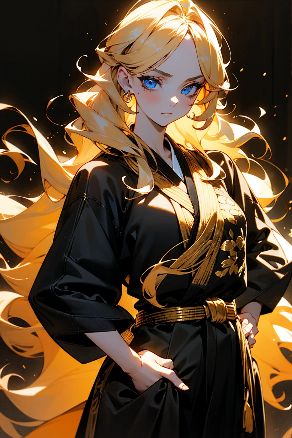 1female, woman, blonde hair, curly long hair, blue eyes, calm expression, black and gold gi, open gi, foggy background, detailed face, hands to side, hands behind, hands in pockets, hidden hands