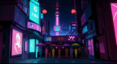 an urban street comes alive at dusk in a japanese cyberpunk setting, lit by colorful neon lights and floating holograms. futuris...