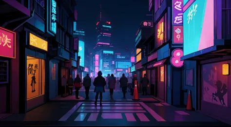 an urban street comes alive at dusk in a japanese cyberpunk setting, lit by colorful neon lights and floating holograms. futuris...