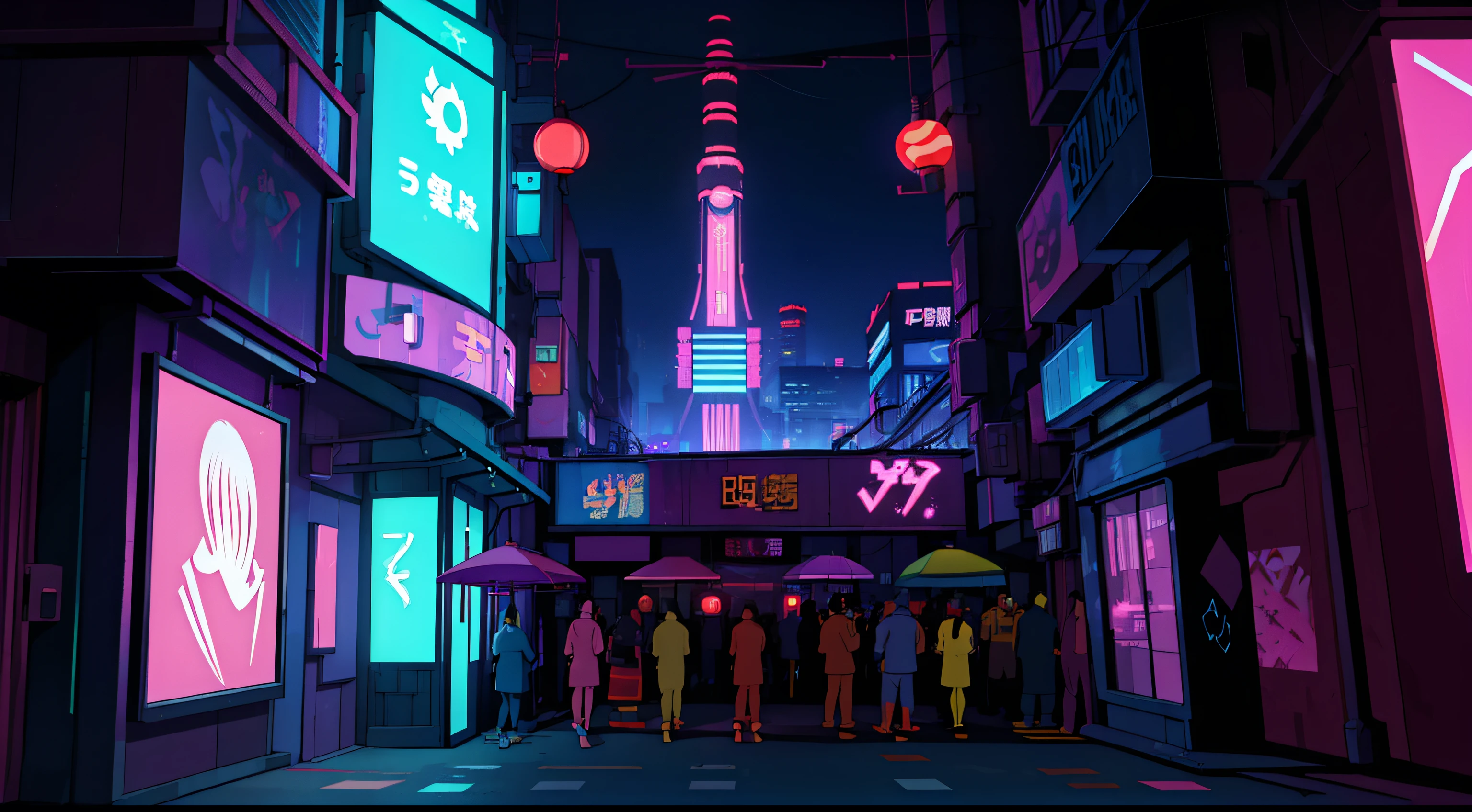 An urban street comes alive at dusk in a Japanese cyberpunk setting, lit by colorful neon lights and floating holograms. Futuristic graffiti adorns the walls of the buildings. Characters in a variety of styles, some in groups, others alone, create an atmosphere of tension and excitement. In the background, a brightly lit bar attracts attention.