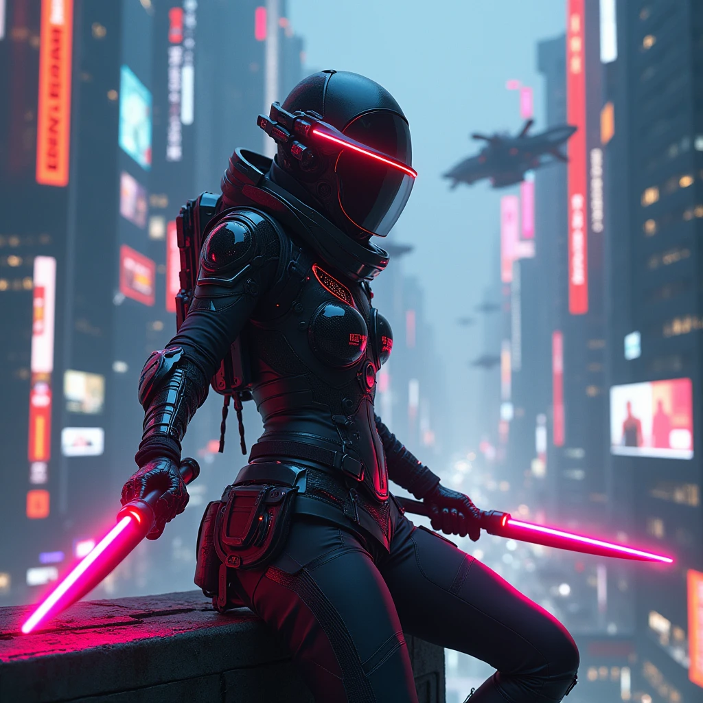 Futuristic cyberpunk assassin, equipped with high-tech augmented reality glasses and dual energy blades, perched on a ledge in a dystopian megacity. The cityscape is filled with towering skyscrapers, holographic billboards, and flying vehicles, all bathed in neon lights. The assassin's attire is sleek and tech-savvy, featuring elements like carbon fiber armor and LED accents. The atmosphere is intense and vibrant, capturing the essence of a high-stakes mission in a futuristic world.
