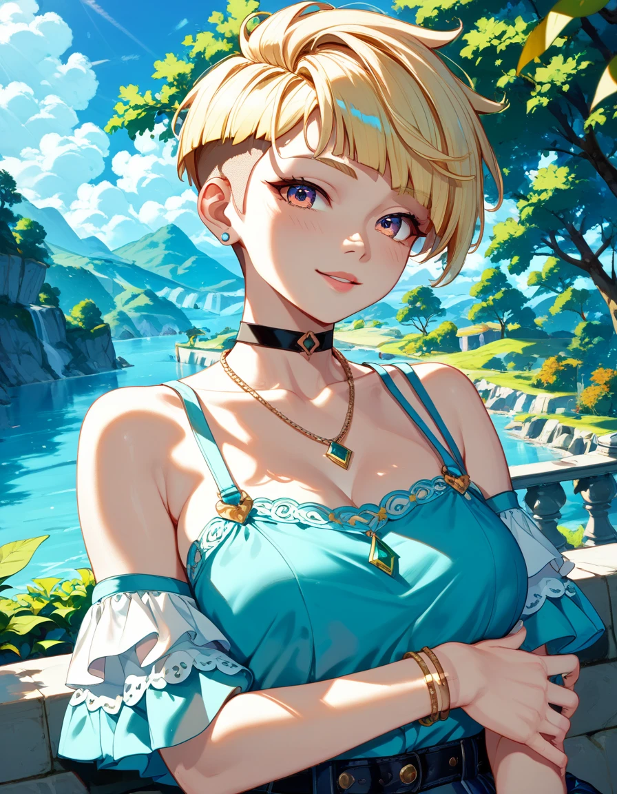 (Highest quality, 4K, 8k, High Resolution masterpiece:1.2), Very detailed, Picturesque, Anime-style photos, Photo Animation:1.37)、a beautiful girl、(blonde Hair)、(pixie cut)、Black choker、pierce、necklace、bracelet、bitch