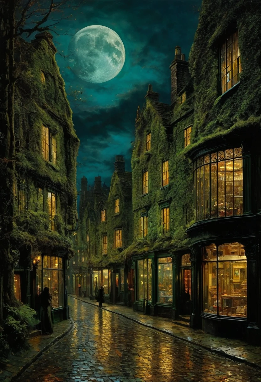 The moon in the moving clouds, the wavering light of shop windows, gloomy streets and silhouetted people. precise details, realism to the point of naturalism and a touch of mystical mood. In the style of John Atkinson Grimshaw's "Castle by the Sea" there are buildings lost in the forest, remote corners, stones overgrown with moss. bright colors and picturesque effects, a picture with a special charm.
