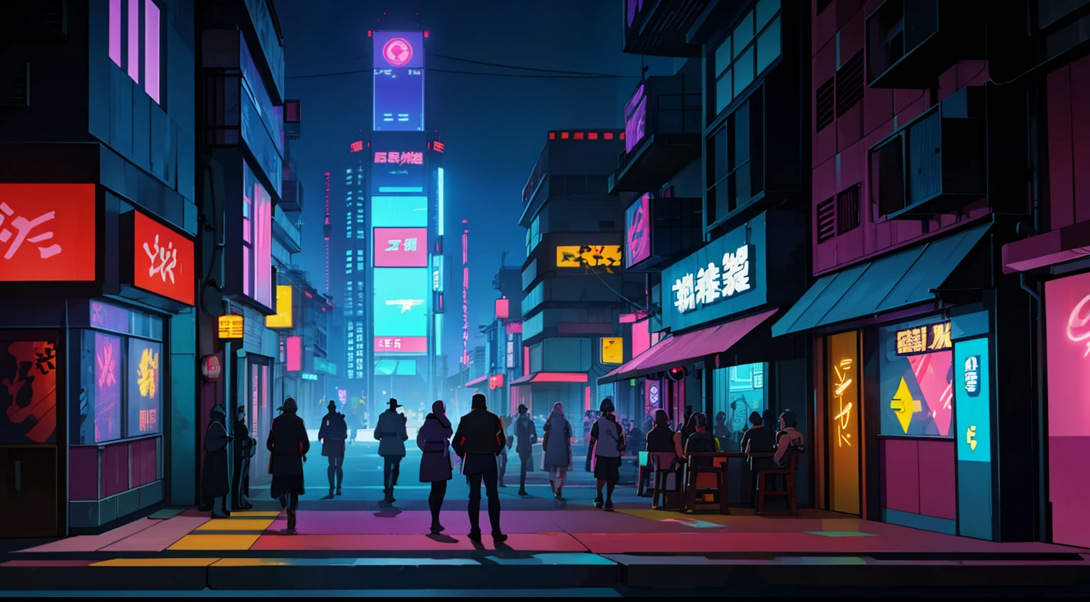 An urban street comes alive at dusk in a Japanese cyberpunk setting, lit by colorful neon lights and floating holograms. Futuristic graffiti adorns the walls of the buildings. Characters in a variety of styles, some in groups, others alone, create an atmosphere of tension and excitement. In the background, a brightly lit bar attracts attention.