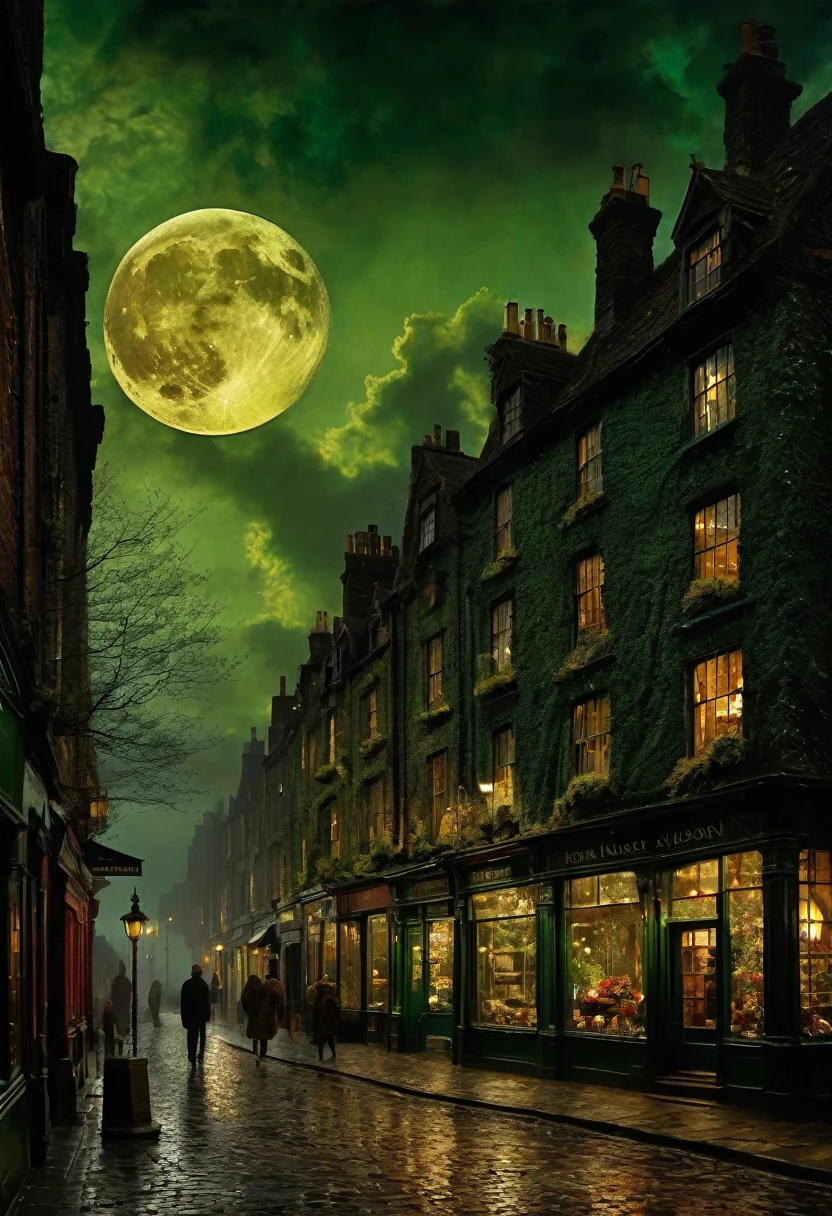 The moon in the moving clouds, the wavering light of shop windows, gloomy streets and silhouetted people. precise details, realism to the point of naturalism and a touch of mystical mood. In the style of John Atkinson Grimshaw. Buildings lost in the forest, remote corners, stones overgrown with moss. bright colors and picturesque effects, a picture with a special charm.
