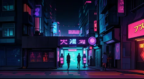 an urban street comes alive at dusk in a japanese cyberpunk setting, lit by colorful neon lights and floating holograms. futuris...