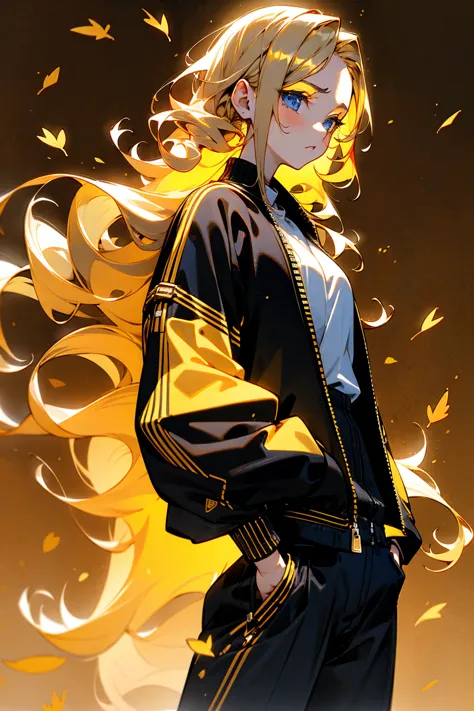 1female, woman, blonde hair, curly long hair, blue eyes, calm expression, black and gold tracksuit, open jacket, white shirt, ja...