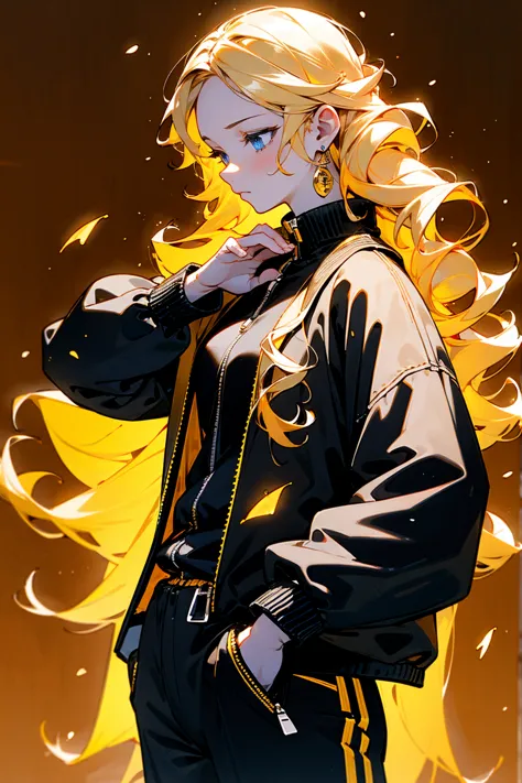 1female, woman, mature, blonde hair, curly long hair, blue eyes, calm expression, black and gold tracksuit, open jacket, white s...