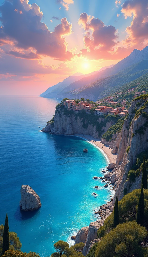 blue coast france, french coast landscape, Representative photograph of this beautiful tourist landscape, magical, masterpiece, painting awarded for its beauty, vivid and harmonious colors, Sunset, 32K