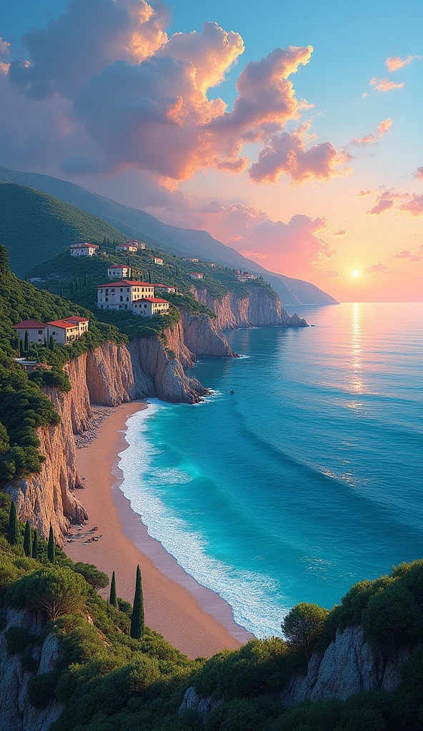 blue coast france, french coast landscape, Representative photograph of this beautiful tourist landscape, magical, masterpiece, painting awarded for its beauty, vivid and harmonious colors, Sunset, 32K